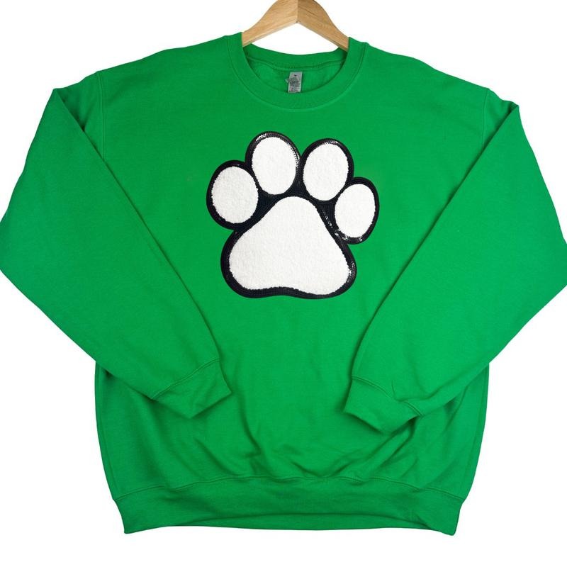 Paw Chenille Sequin Patch Sweatshirt -- KELLY GREEN T-Shirts, Hoodie | RetroVerseTees.com