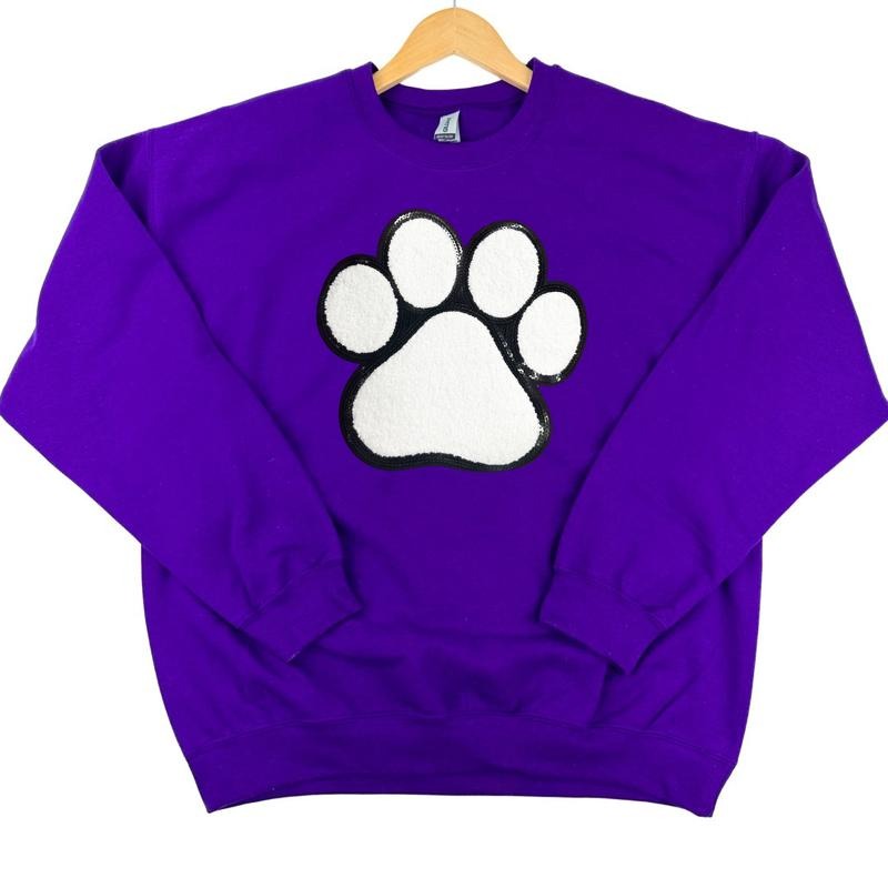 Paw Chenille Sequin Patch Sweatshirt -- PURPLE T-Shirts, Hoodie | RetroVerseTees.com