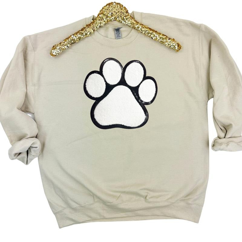 Paw Chenille Sequin Patch Sweatshirt -- SAND T-Shirts, Hoodie | RetroVerseTees.com