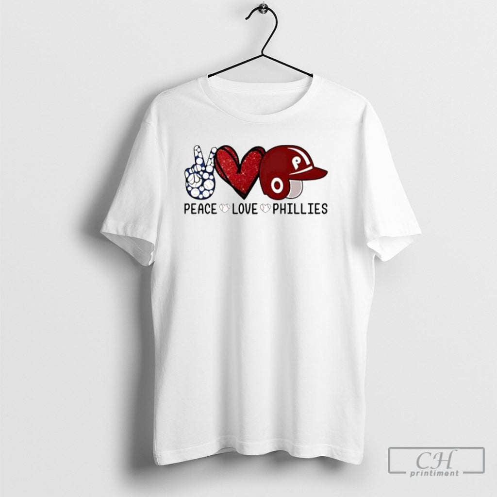 Peace Love Phillies Glitter Red Heart Baseball Themed Fan Posters White Shirt