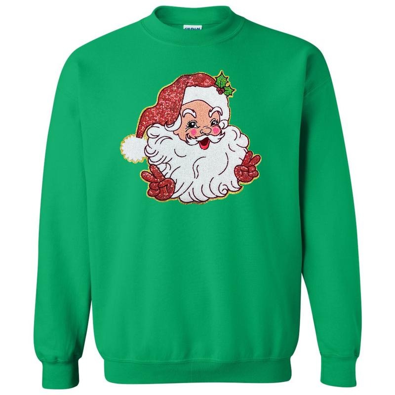 Peace Santa Sequin Chenille Patch Sweatshirt T-Shirts, Hoodie | RetroVerseTees.com