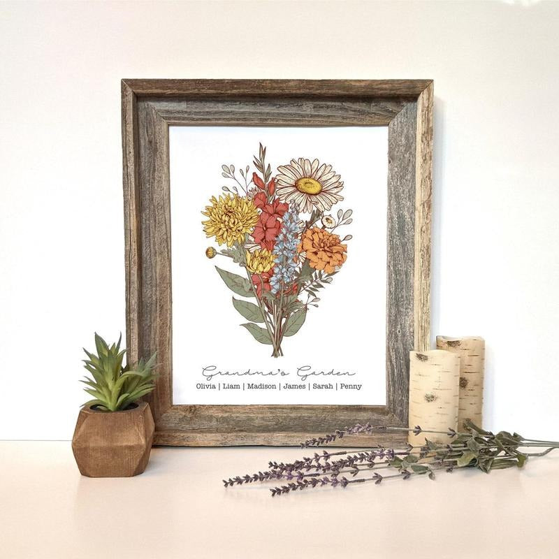 Personalized Birth Flower Bouquet Unframed Poster, Gift for Grandma, Mom Birthday Gift, Custom Mothers Day Garden Print...