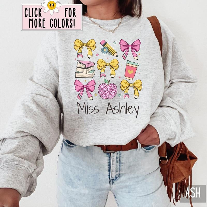 Personalized Coquette Teacher Back to School Shirt Custom Teacher Shirt with Bows Teacher Appreciation Gift First Day of...