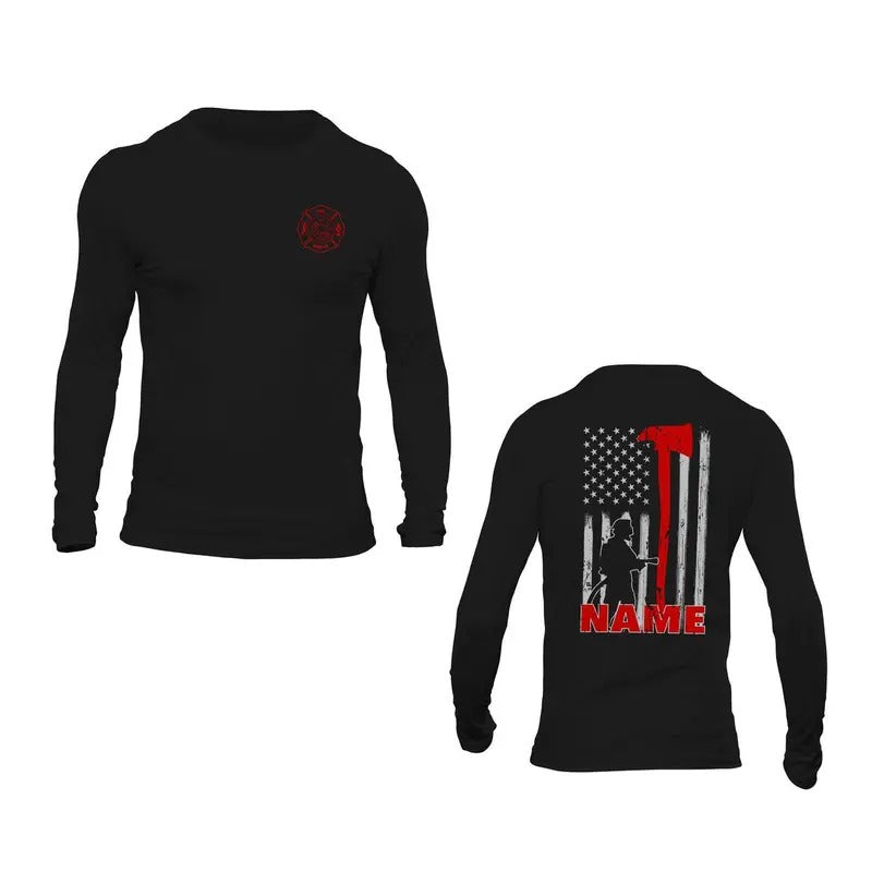 Personalized Firefighter Long Sleeve T-Shirt - Custom Name Thin Red Line Axe Design - Classic Fit
