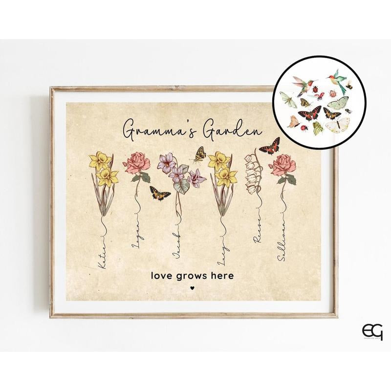 Personalized Gift for Grandma with Grandkids Names, Grandma's Garden Birth Flower Poster Print, Mother's Day Giftift...
