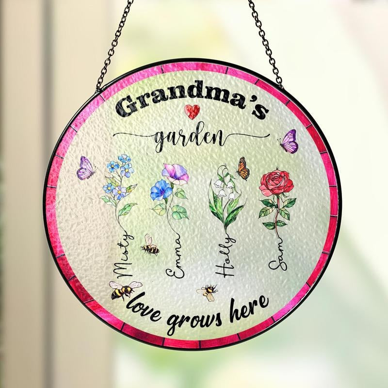 Personalized Grandma's Garden Stained Glass Suncatcher, Mother's Day Gift For Grandma, Nana Birth Month Flower Stain...