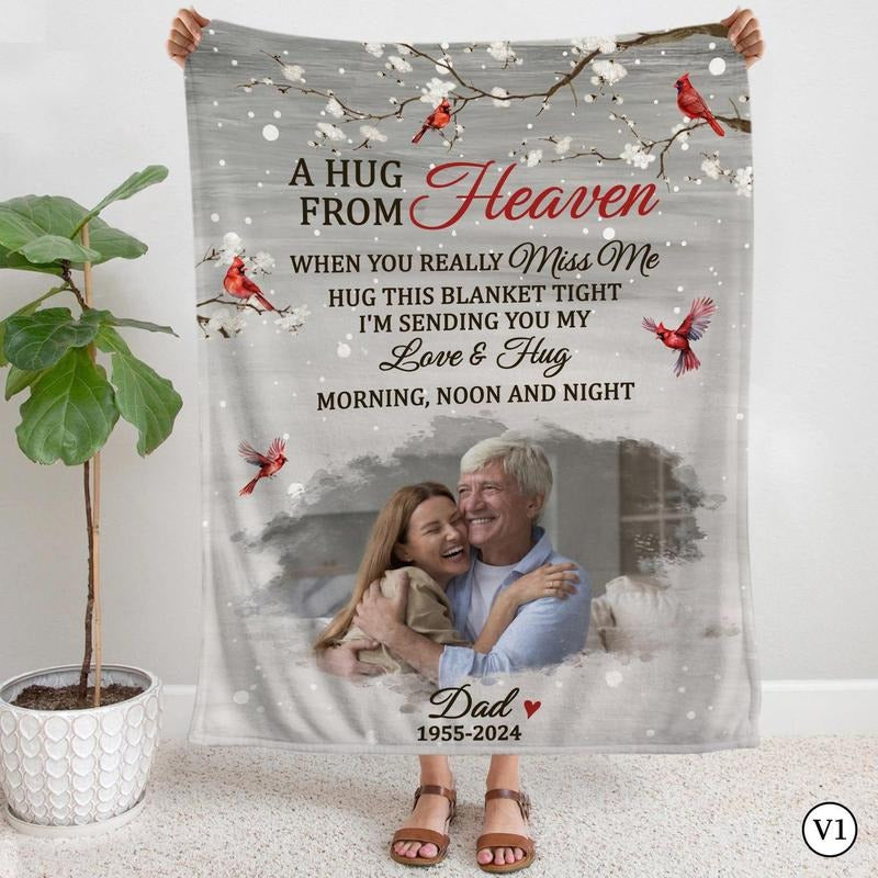 Personalized Memorial Dad Blanket, Gift For Mom, A Hug From Heaven Blanket, Memorial Custom Photo Blanket, Remembrance...