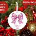 Personalized Pink Coquette bow with Christmas Lights, Christmas Tree Coquette Bow Ornament, Ornament Gift for Her,...