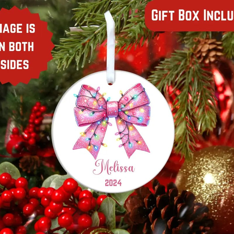 Personalized Pink Coquette bow with Christmas Lights, Christmas Tree Coquette Bow Ornament, Ornament Gift for Her,...