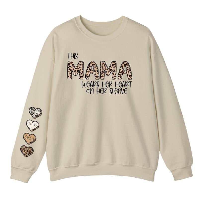 Personalized This Mama Wears Her Heart on Her Sleeve Sweatshirt, Leopard Cheetah Mama Heart Custom Kids Names Sweatshirt,...