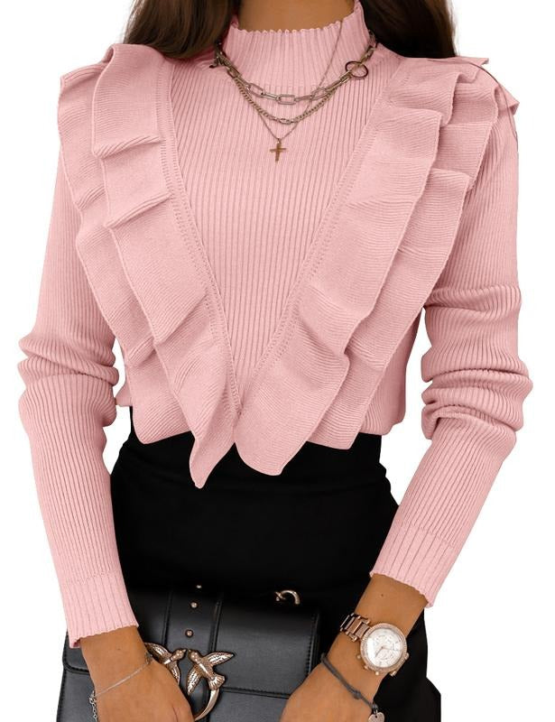 PiePieBuy Women'WB shield Ruffled Fitted Pullover Sweater Mock Neck Slim Fit Long Sleeve Fashion Knitted Ribbed Sweater...