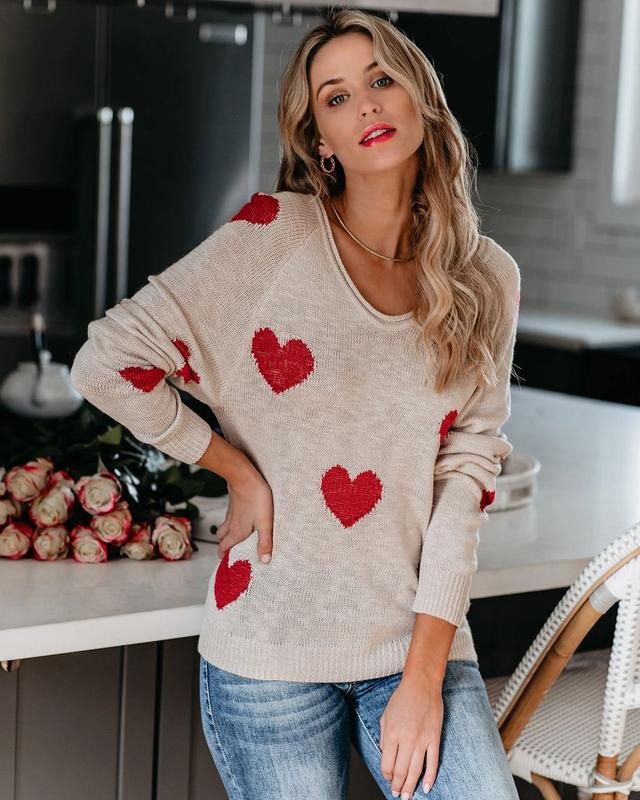 PiePieBuy Womens Cute Love Heart Print Sweaters Oversized FOG TNF Shoulder Loose Knitted Valentine Pullover Blouse Top...
