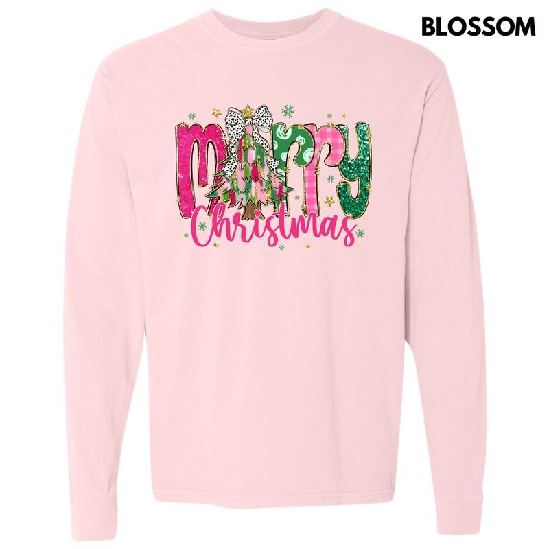 Pink & Green Merry Christmas Long Sleeve Comfort Colors T-Shirt 'NLB' Hoodie, Sweatshirt | RetroVerseTees.com