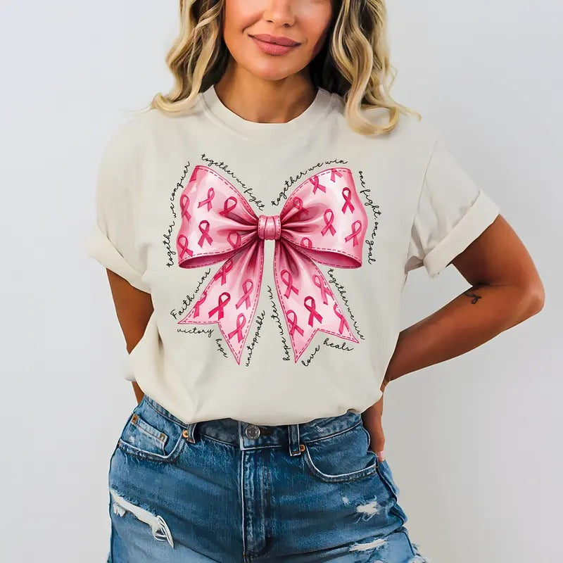 Pink Bow Breast Cancer Tshirt, Breast Cancer Ribbon Pink Sweatshirt Cotton Crewneck Hoodie | RetroVerseTees.com