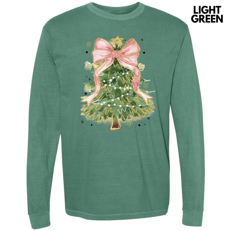 Pink Bow Christmas Tree Long Sleeve Comfort Colors T-Shirt 'NLB' Hoodie, Sweatshirt | RetroVerseTees.com