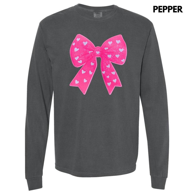 Pink Bow Sequin Patch Long Sleeve Comfort Colors T-Shirt Hoodie, Sweatshirt | RetroVerseTees.com