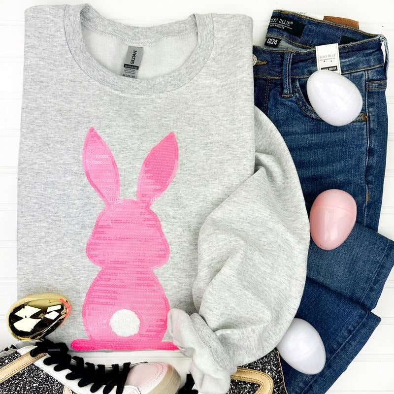 Pink Bunny Sequin Patch Sweatshirt -- ASH GREY T-Shirts, Hoodie | RetroVerseTees.com