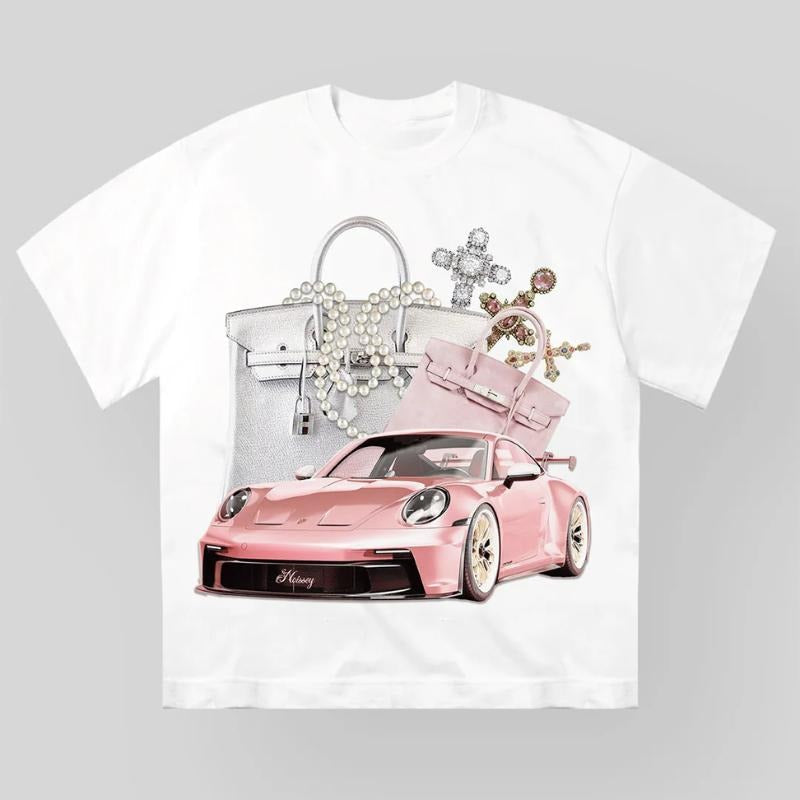 Pink Car Print T-shirt, Vintage Graphic Tee, Y2k Clothing, Unisex Cotton Crewneck T-Shirt