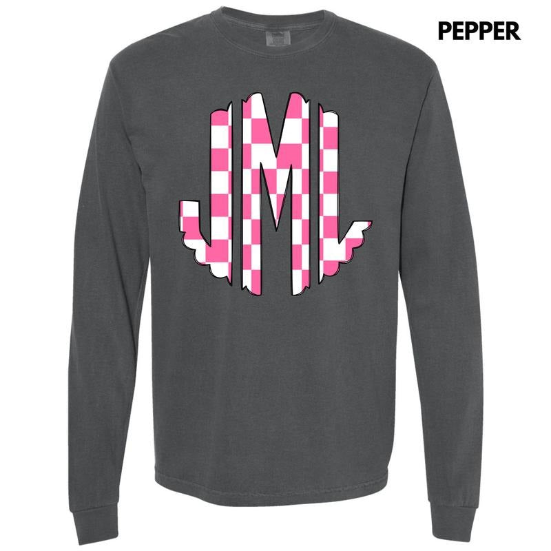 Pink Checker Monogram Long Sleeve Comfort Colors T-Shirt 'NLB' Hoodie, Sweatshirt | RetroVerseTees.com