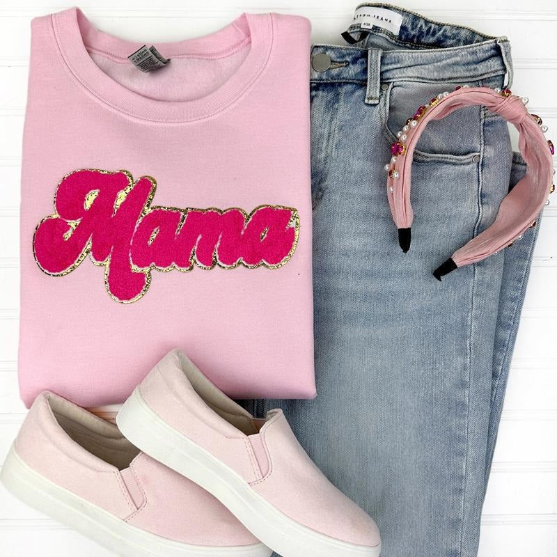 Pink Chenille Mama Patch Sweatshirt T-Shirts, Hoodie | RetroVerseTees.com