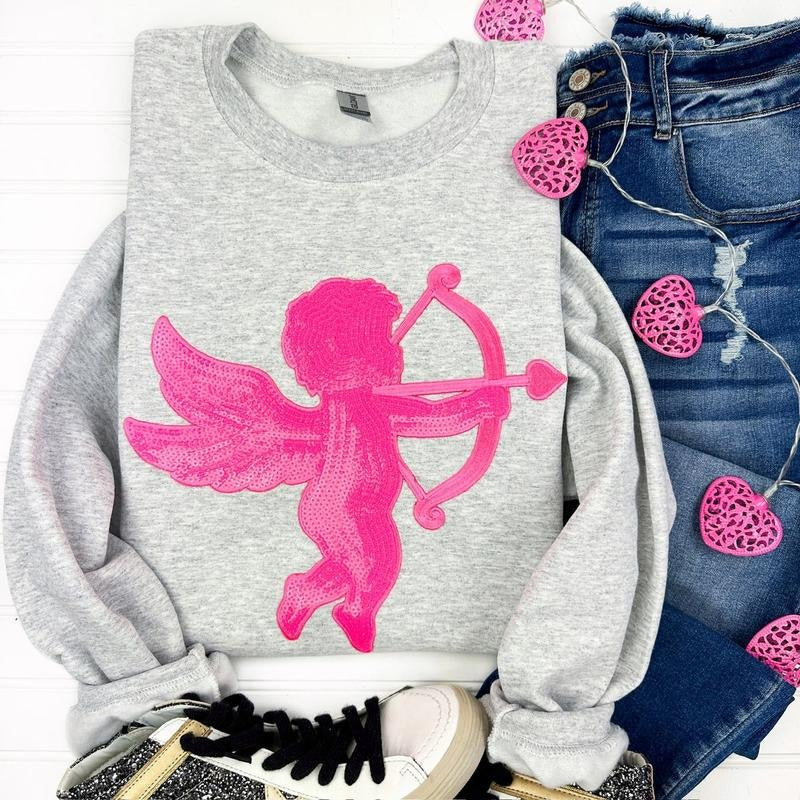 Pink Cupid Sequin Patch Sweatshirt T-Shirts, Hoodie | RetroVerseTees.com