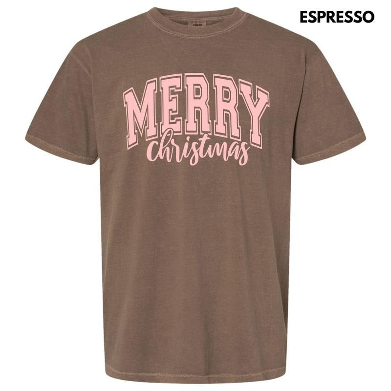 Pink Cursive Varsity Merry Christmas Comfort Colors T-Shirt 'NLB' Hoodie, Sweatshirt | RetroVerseTees.com