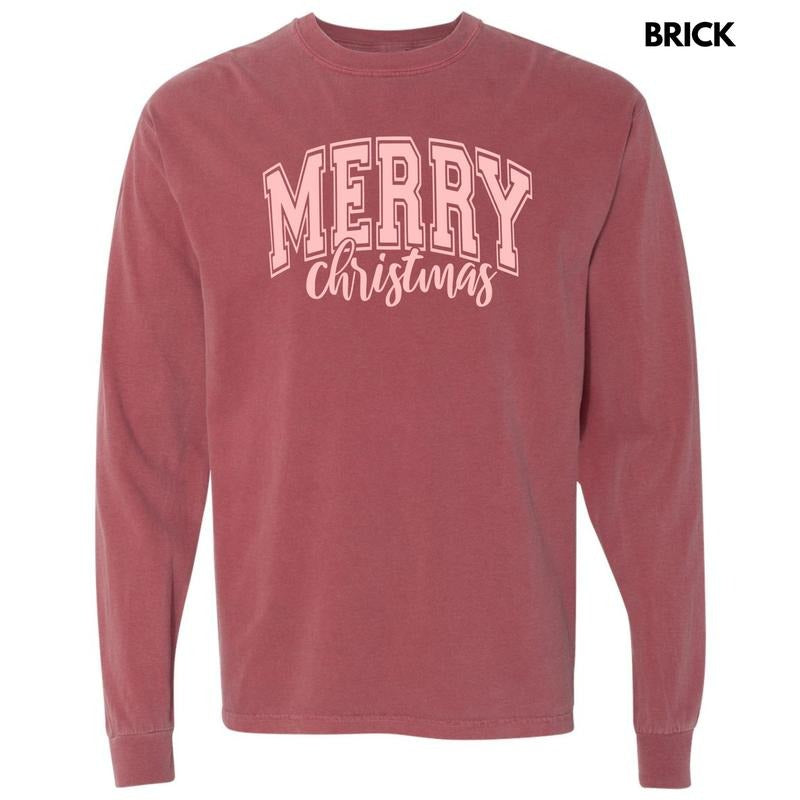 Pink Cursive Varsity Merry Christmas Long Sleeve Comfort Colors T-Shirt 'NLB' Hoodie, Sweatshirt | RetroVerseTees.com