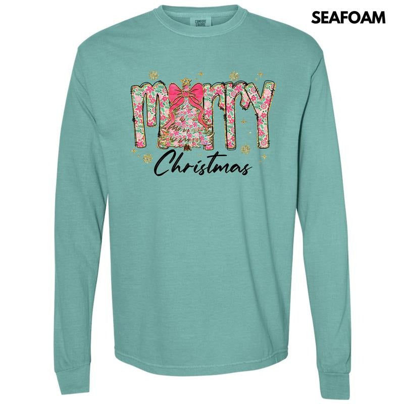 Pink Ditsy Floral Merry Christmas Long Sleeve Comfort Colors T-Shirt 'NLB' Hoodie, Sweatshirt | RetroVerseTees.com
