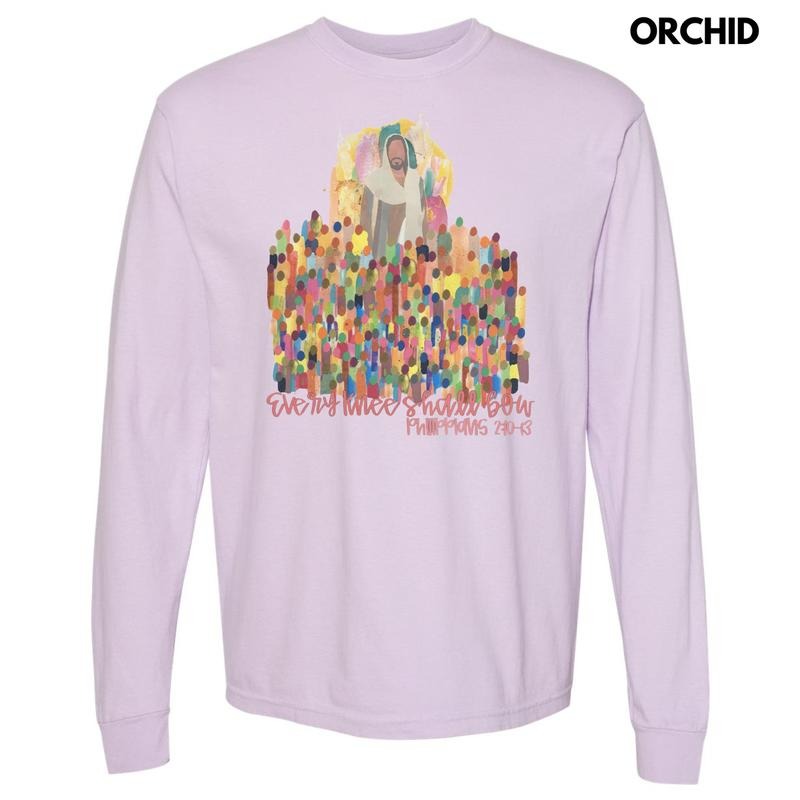 Pink Every Knee Shall Bow Long Sleeve Comfort Colors T-Shirt Hoodie, Sweatshirt | RetroVerseTees.com