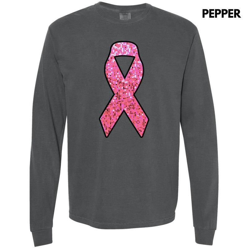 Pink Faux Glitter Ribbon Long Sleeve Comfort Colors T-Shirt 'NLB' Hoodie, Sweatshirt | RetroVerseTees.com