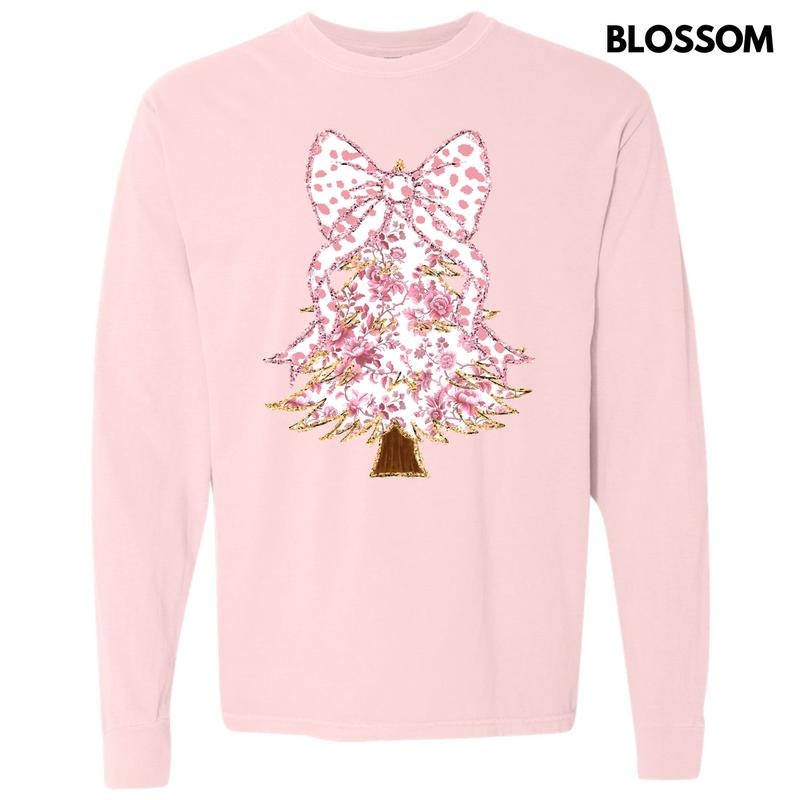 Pink Florals Christmas Tree Long Sleeve Comfort Colors T-Shirt 'NLB' Hoodie, Sweatshirt | RetroVerseTees.com