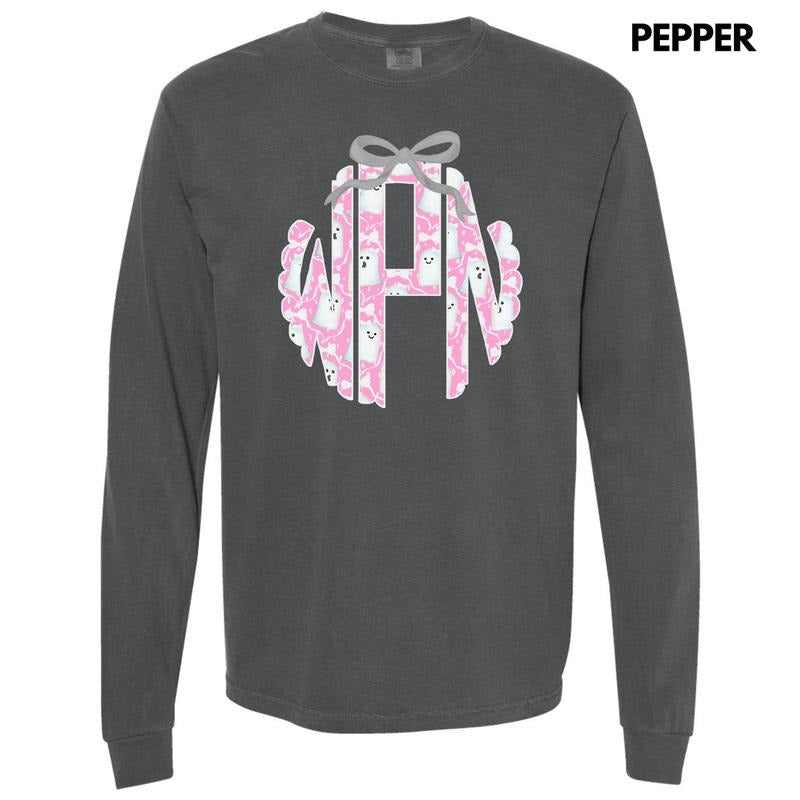 Pink Ghost Monogram Long Sleeve Comfort Colors T-Shirt 'NLB' Hoodie, Sweatshirt | RetroVerseTees.com