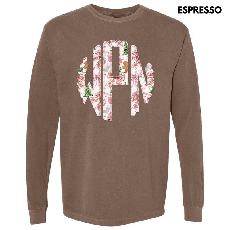 Pink Gingerbread Bow Monogram Long Sleeve Comfort Colors T-Shirt 'NLB' Hoodie, Sweatshirt | RetroVerseTees.com