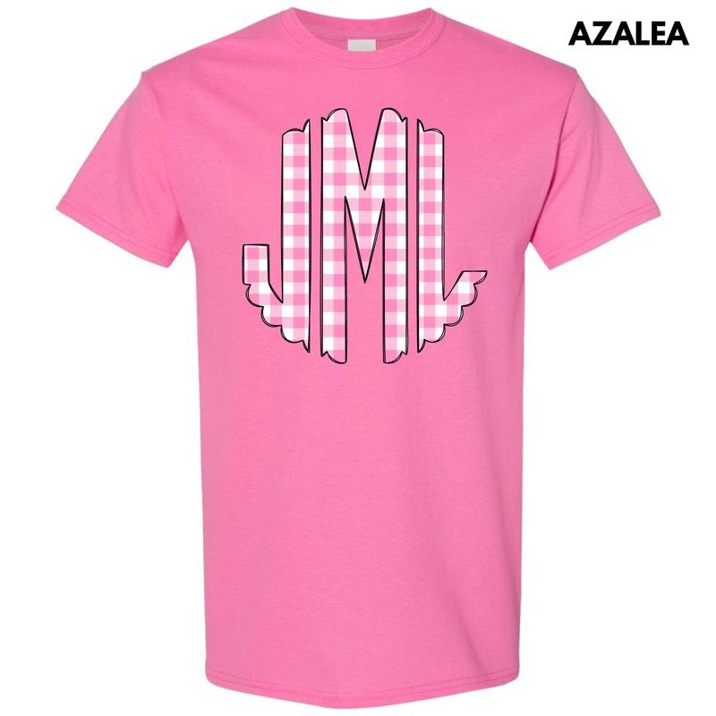 Pink Gingham Monogram Gildan Short Sleeve T-Shirt 'NLB' Hoodie, Sweatshirt | RetroVerseTees.com
