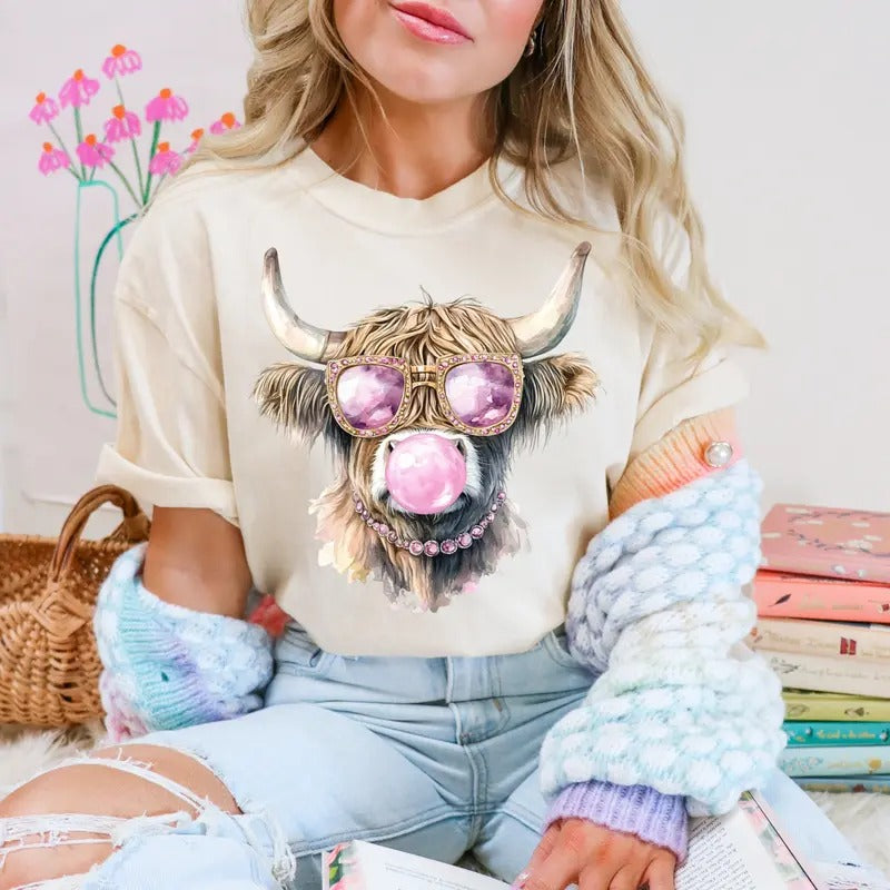 Pink Highland Cow Blowing Bubble DTF Transfers - THIS IS NOT A SHIRT Hoodie, Sweatshirt | RetroVerseTees.com