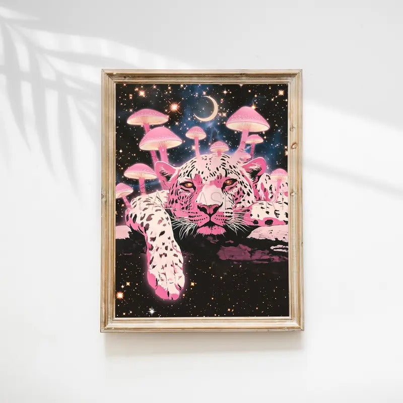 Pink Leopard ( Psychedelic Poster, Glowing Pink Mushrooms, Trippy Wall Art, Retro Art, Animal Art ) T-Shirts, Hoodie,...