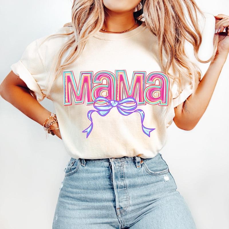 Pink Mama Coquette Bow T-Shirt, Mama Varsity Shirt, Mama Bow T-Shirt, Hand Drawn, Gift for mom Hoodie, Sweatshirt
