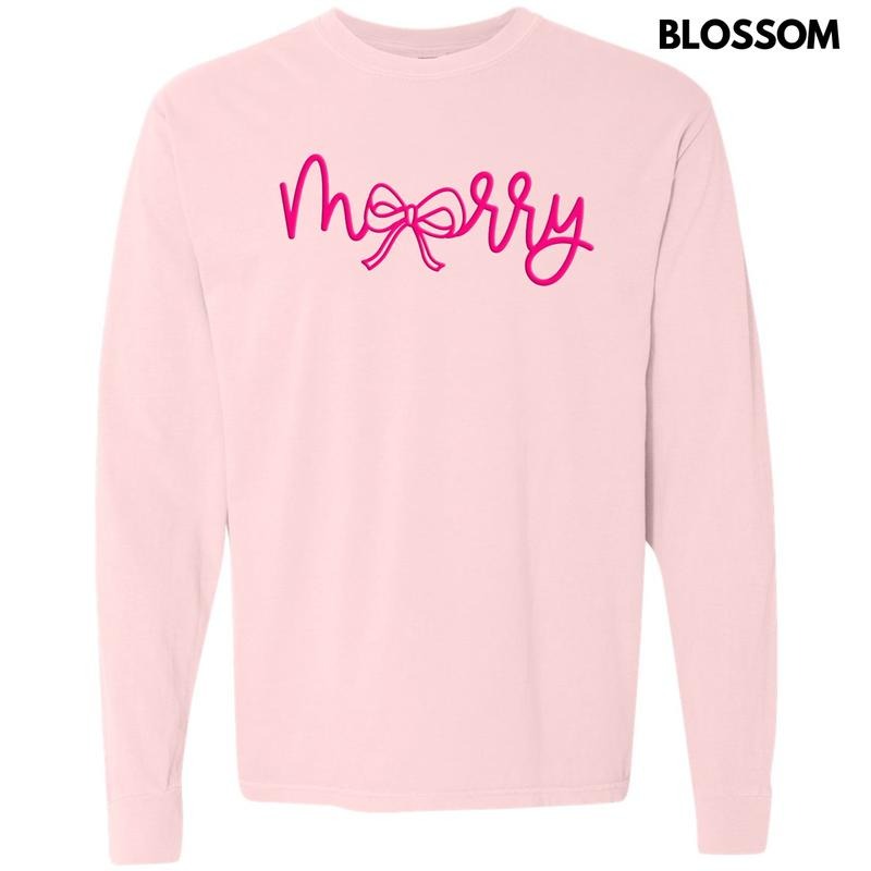 Pink Merry Bow PUFF Long Sleeve Comfort Colors T-Shirt Hoodie, Sweatshirt | RetroVerseTees.com