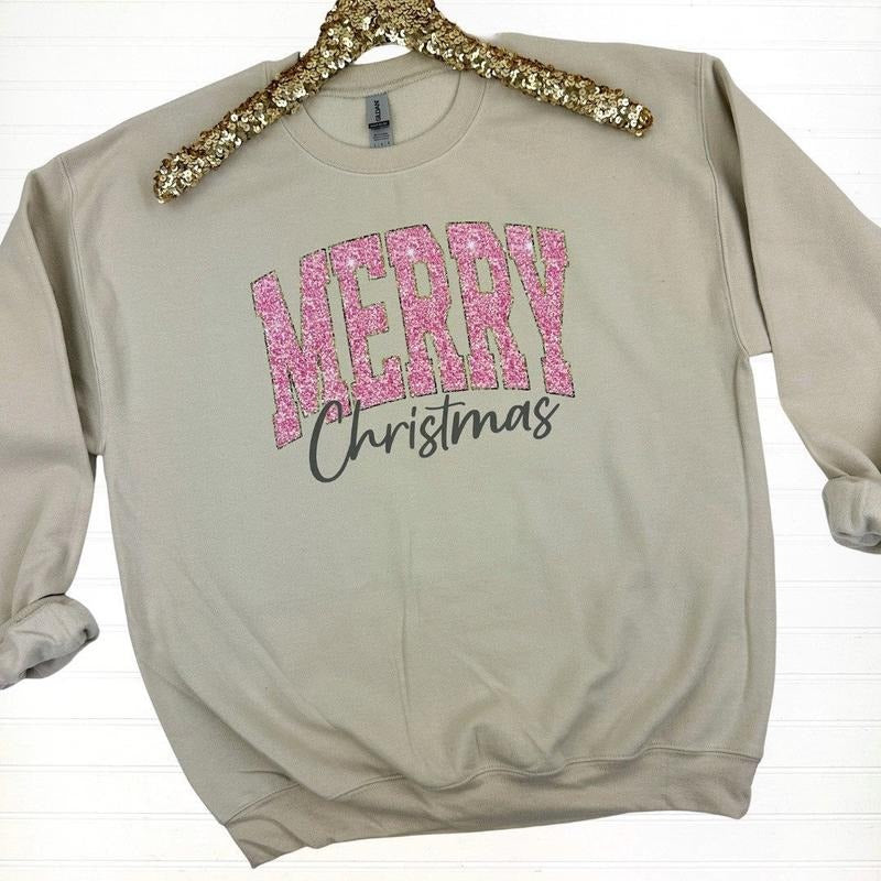 Pink Merry Christmas Gildan Sweatshirt T-Shirts, Hoodie | RetroVerseTees.com