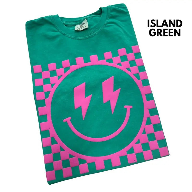 Pink Puff Checkered Happy Face Comfort Colors T-Shirt Hoodie, Sweatshirt | RetroVerseTees.com