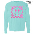 Pink Puff Checkered Happy Face Long Sleeve Comfort Colors T-Shirt Hoodie, Sweatshirt | RetroVerseTees.com