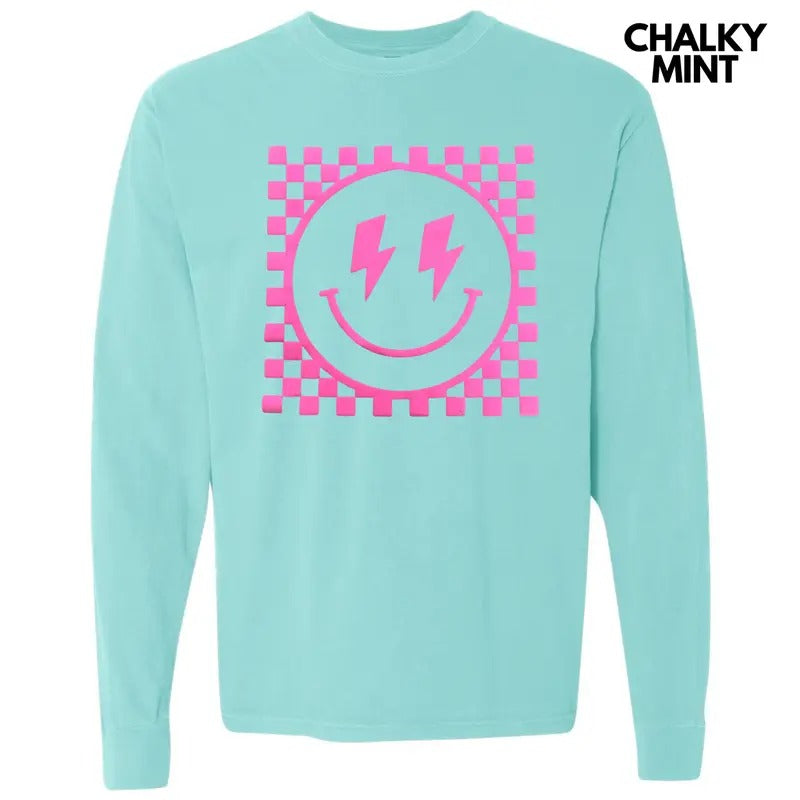 Pink Puff Checkered Happy Face Long Sleeve Comfort Colors T-Shirt Hoodie, Sweatshirt | RetroVerseTees.com