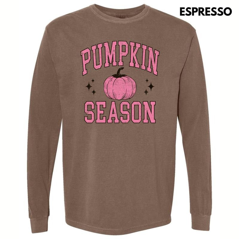 Pink Pumpkin Season Varsity Letter Long Sleeve Comfort Colors T-Shirt 'NLB' Hoodie, Sweatshirt | RetroVerseTees.com