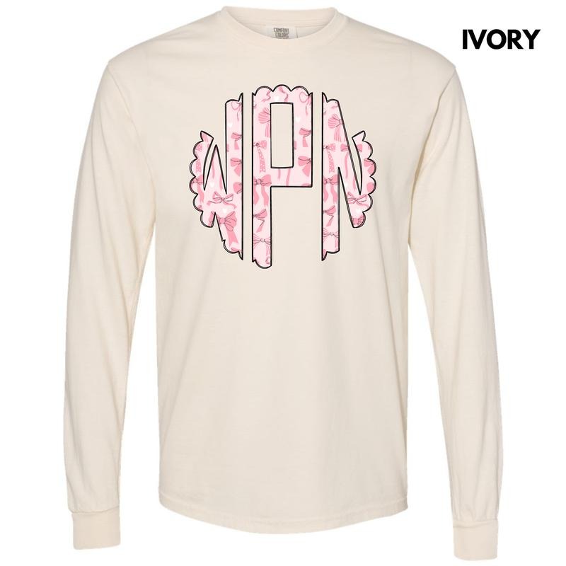 Pink Ribbons & Bows Monogram Long Sleeve Comfort Colors T-Shirt 'NLB' Hoodie, Sweatshirt | RetroVerseTees.com