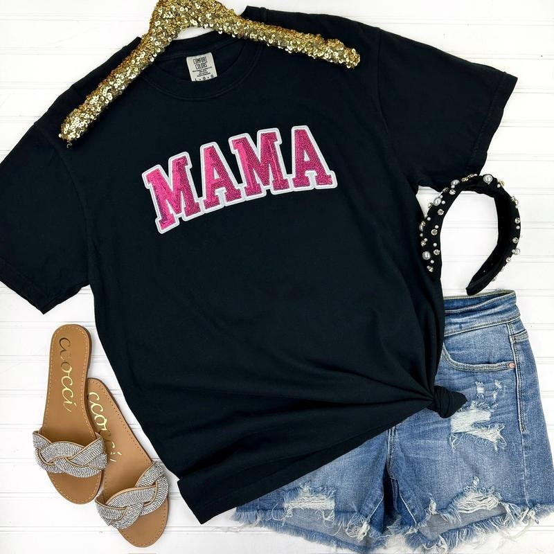 Pink Sequin MAMA Patch Comfort Colors T-Shirt Hoodie, Sweatshirt | RetroVerseTees.com