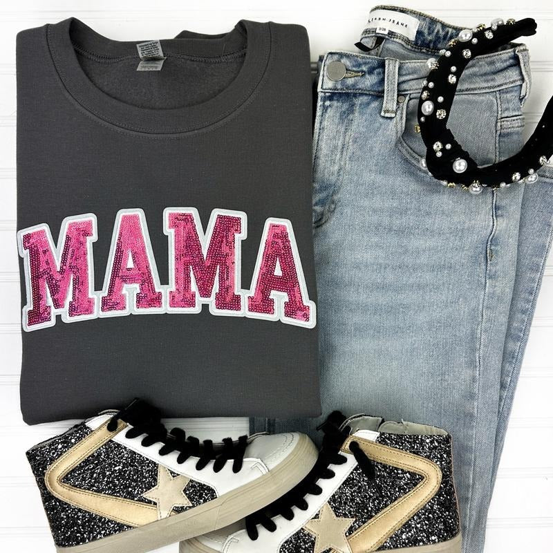 Pink Sequin MAMA Patch Sweatshirt T-Shirts, Hoodie | RetroVerseTees.com