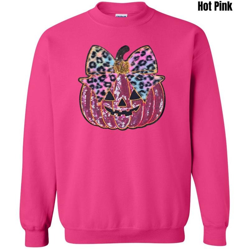 Pink Sequin Pumpkin Bow Patch Sweatshirt T-Shirts, Hoodie | RetroVerseTees.com