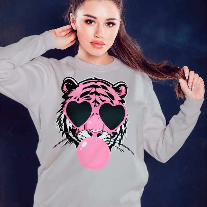 Pink Tiger Blowing Bubble Sweatshirt Casual Comfortable T-Shirts, Hoodie | RetroVerseTees.com