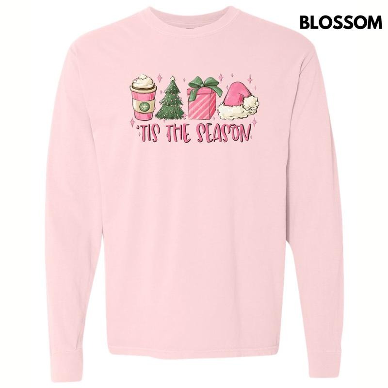 Pink Tis The Season Christmas Long Sleeve Comfort Colors T-Shirt Hoodie, Sweatshirt | RetroVerseTees.com
