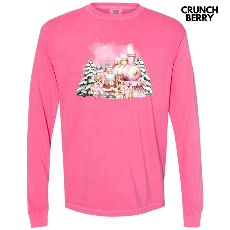 Pink Train & Santa Holiday Long Sleeve Comfort Colors T-Shirt 'NLB' Hoodie, Sweatshirt | RetroVerseTees.com